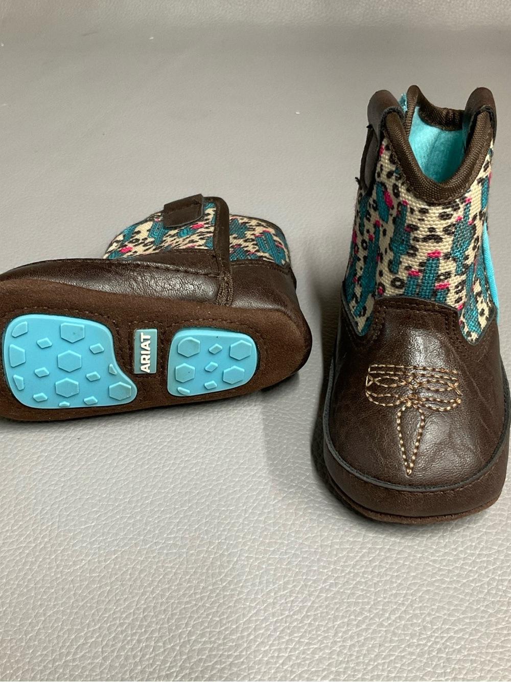 Ariat Brown Kids Boot with Turquoise and Pink Pattern